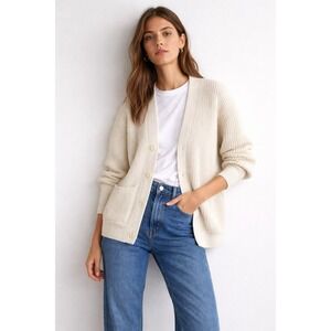 ZARA Cream Ribbed Knit Button Front Cardigan Sweater Pockets Women's Size S